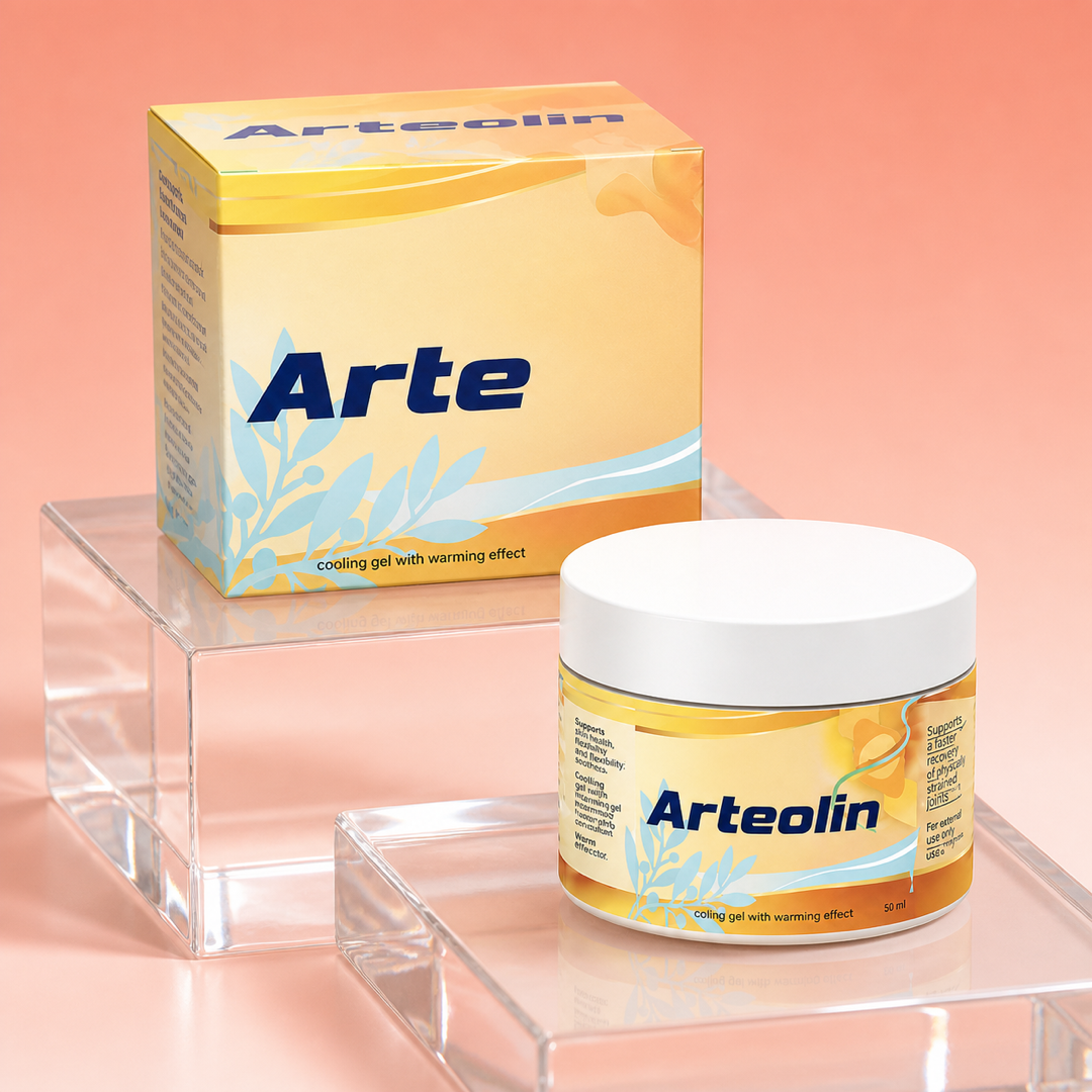 Kelímek a krabička Arteolin 50 ml mezi korálovými akrylovými bloky